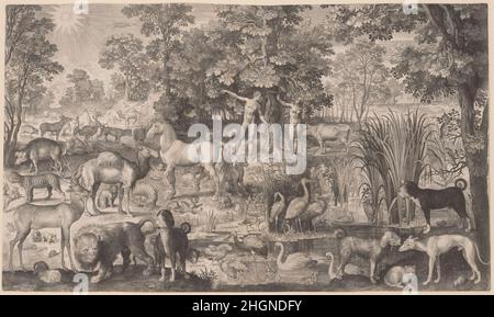 Adam und Eva im Paradies 1631 Nicolaes de Bruyn Niederlandisch. Adam und Eva im Paradies. Nicolaes de Bruyn (Niederländisches, Antwerpen 1571–1656 Rotterdam). 1631. Gravur. Ausdrucke Stockfoto