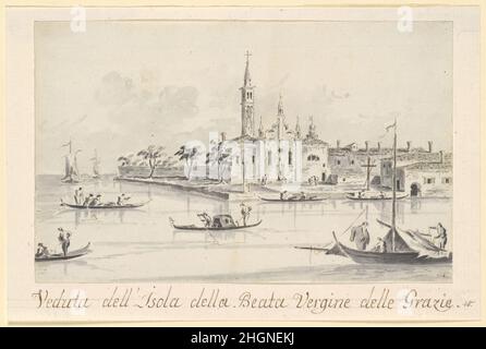 Die Insel der Beata Vergine delle Grazie ca. 1804–28 Giacomo Guardi Italienisch. Die Insel der Beata Vergine delle Grazie. Giacomo Guardi (Italienisch, Venedig (?) 1764–1835 Venedig (?). Ca. 1804–28. Stift und braune Tinte, graue Wäsche. Zeichnungen Stockfoto