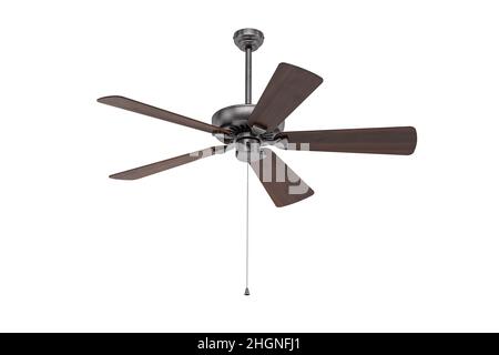 Deckenventilator aus Metall aus Holz isoliert auf weißem Hintergrund - 3D Render - Kopierraum Stockfoto
