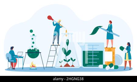 Wissenschaftler untersuchen grüne Pflanzen mit Laborwerkzeugen. Vektor-Forschung Laboranlage, Wissenschaftler Labor Experiment Illustration Stock Vektor
