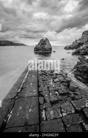 Die malerische Bucht von Pettico Wick (der Fels) ist schwer zugänglich und gehört zum Naturschutzgebiet St. Abbs Head in Berwickshire, Schottland Stockfoto