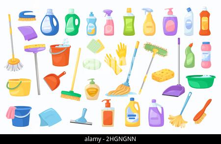 Set von Reinigungsmitteln, Reinigungsmitteln, Besen und Mopp. Vector Haushaltsgeräte und Eimer, Schwamm und Reiniger für die Hausarbeit Stock Vektor