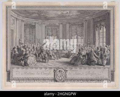 Le Concert 1774 Antoine Jean Duclos dieser Druck von Antoine Jean Duclos basiert auf einer Zeichnung von Augustin de Saint-Aubin, die im Salon von 1773 (Nr. 291) ausgestellt wurde. Der Anhänger, Le Bal paré, ist ebenfalls in der Sammlung des Museums. Eine Gruppe von Musikern spielt für ein elegantes Publikum in einem großen ovalen Salon mit einer bemalten Decke und weiblichen Büsten auf Sockeln zwischen den Fenstern. Das Design ist von einem ornamentalen Trompe-l’oeil-Rahmen mit einer Widmung und einem Wappen umgeben. Der Druck wurde 1774 zum Verkauf angeboten, mit seinem Anhänger 'Le Concert'. Le Concert. Antoine Jean Duclos (Französisch, Paris Stockfoto