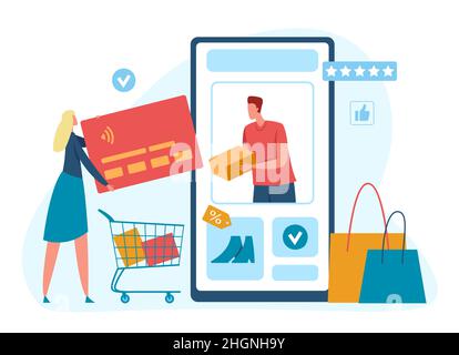 Online-Shopping-Konzept, digitales Bezahlen mit Karte und Telefon. Vektor-Zahlung kaufen im Internet-Shop, digitale Business-Illustration Stock Vektor