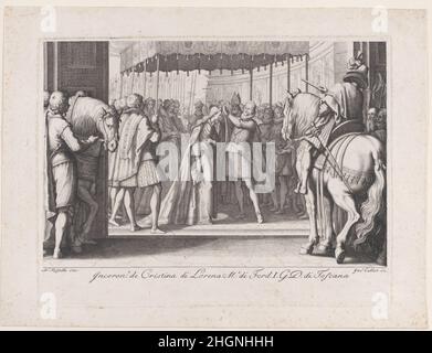 Couronnement de La Grande Duchesse (die Krönung der Großherzogin), von La Vie de Ferdinand Ier de Médicis série appelée aussi Les Batailles des Médicis (das Leben Ferdinands I. de'Medici auch die Medici-Schlachten genannt) 1614–20 Jacques Callot Französisch die Gravuren von Callot sind nach Entwürfen von Matteo Rosselli nach der Inschrift auf dem zweiten Stand der Drucke dieser Serie gestaltet. Mariette führt die Entwürfe der Drucke der Serie Rosselli, Bernardino Poccetti und möglicherweise Antonio Tempesta zu. Couronnement de La Grande Duchesse (die Krönung der Grand Duchesse), aus Stockfoto