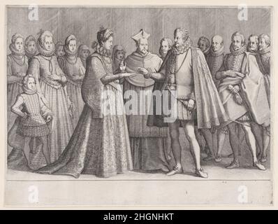 Le Mariage de Ferdinand 1er (die Ehe von Ferdinand I. de'Medici), aus La Vie de Ferdinand Ier de Médicis série appelée aussi Les Batailles des Médicis (das Leben Ferdinands I. de'Medici auch die Medici-Schlachten genannt) 1614–20 Jacques Callot Französisch nach der Inschrift auf dem zweiten Zustand des Druckes ist der Druck nach Matteo Rosselli eingraviert. Laut dem Ausstellungskatalog 'Jacques Callot' (Nancy 1992) basiert dieser Druck jedoch auf einem Gemälde von Jacopo da Empoli. Das jetzt verlorene Gemälde wird in einer Zeichnung in den Uffizien (941 F) und in einer kleinen Kopie in der Sammlung aufgezeichnet Stockfoto