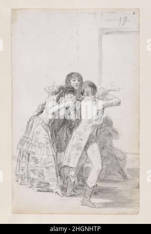 Junge Frau weint und bedeckt ihr Gesicht mit den Händen, begleitet von Männern; Folio 17 (recto) aus dem Madrider Album 'B' 1795–97 Goya (Francisco de Goya y Lucientes) Spanisch Diese Zeichnung kommt zu Beginn von Goyas zweitem Album, unter anderem, das sich weitgehend mit den Beziehungen zwischen den Geschlechtern beschäftigt. Die Komposition ist voller Dramatik. Eine junge Frau, die ihr Gesicht bedeckt, dreht sich von den beiden Männern, die sie flankieren. Der Grund für ihre Bedrängnis wird nicht enthüllt, sondern bezieht sich vermutlich auf eine liebesbezogene Verstimmung. Auf der anderen Seite der Seite (35.103.5) dreht sich eine elegant gekleidete junge Frau scharf und blickt auf ihr ri Stockfoto