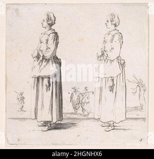 La Paysanne Tournée a Gauche, les mains Appuyées l'Une sur l'Autre (die Bauernfrau drehte sich nach links, eine Hand in die andere gelegt), aus Varie Figure (verschiedene Figuren), Tafel 4 ca. 1620 Jacques Callot Französisch. La Paysanne Tournée a Gauche, les mains Appuyées l'Une sur l'Autre (die Bauernfrau drehte sich nach links, eine Hand in die andere gelegt), aus Varie Figure (verschiedene Figuren), Tafel 4. Varie-Abbildung. Jacques Callot (französisch, Nancy 1592–1635 Nancy). Ca. 1620. Radierung; dritter Zustand von vier (Lieure). Ausdrucke Stockfoto