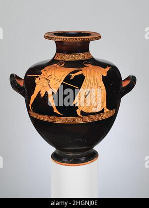 Terrakotta-Hydria: Kalpis (Wasserbehälter) ca. 450–440 v. Chr. dem Achillesmaler zugeschrieben Jugend verfolgt Frau die Szene könnte Peleus darstellen, der Thetis verfolgt. Ihr Kind war der griechische Held Achilles.. Terrakotta-Hydria: Kalpis (Wasserbehälter). Griechisch, Dachboden. Ca. 450–440 V. CHR. Terrakotta; rote Figur. Klassisch. Vasen Stockfoto