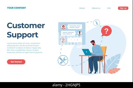 Kundendienst, Assistent zur Zielseite des Kunden. Vector-Service-Support für Kunden-, Hilferat- und Assistant-Center-Illustration Stock Vektor