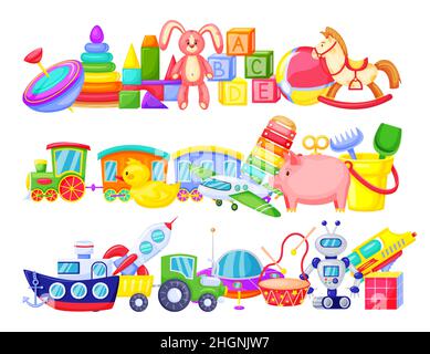Kinder Spielzeugstapel, Pferd und Kaninchen für den Kindergarten. Vector Stapel Spielzeug für Unterhaltung in der Kindheit Illustration, Flugzeug und Bär Stock Vektor