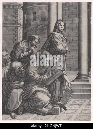 Die Gruppe von Raphael's School of Athens datiert 1523 Agostino Veneziano (Agostino dei Musi) Italienisch. Die Gruppe von Raphael's School of Athens. Agostino Veneziano (Agostino dei Musi) (Italienisch, Venedig ca. 1490–nach 1536 Rom). Datiert 1523. Gravur. Ausdrucke Stockfoto