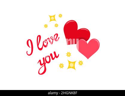I love you, simple Brush Lettering inspirierende Botschaft, Slogan, Zitat mit zwei Herzen und glänzenden goldenen Sternen. Bearbeitbarer, handgezeichneter Ausdruck Stock Vektor