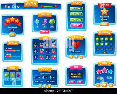 Casual Game-Menü und Popup-Fenster, Cartoon-Gaming-App ui-Elemente. Level-Auswahl, Pause, Schaufenster, mobile Spiele Design-Assets Vektorset. Anwendungseinstellungen mit Musik und Sound Stock Vektor