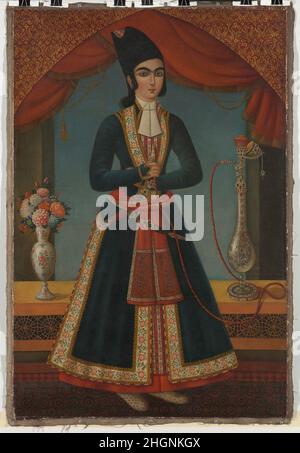 Porträt eines Prinzen (möglicherweise Mohammad Mirza) ca. 1820 Dieses schöne Porträt eines jungen Prinzen wurde wahrscheinlich in einer Nische im Inneren eines Palastes als Teil eines architektonischen Gesamtprogramms gezeigt. Es hätte neben Porträts von Prinzen, Haremschönheiten und Stillleben-Gemälden gehangen. Das Gemälde ist in der raffinierten Stil des frühen neunzehnten Jahrhunderts, die Liebe zum Detail und Musterungen charakteristisch der persischen Malerei mit europäischen Konventionen, Medien und Techniken kombiniert gerendert.. Porträt eines Prinzen (möglicherweise Mohammad Mirza). Ca. 1820. Öl auf Leinwand. Hergestellt im Iran. Gemälde Stockfoto