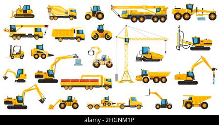 Satz von Baumaschinen Kran Bulldozer und Bagger. Vektor von Bulldozer für den Bau, Kran und Bagger Maschine LKW Illustration Stock Vektor