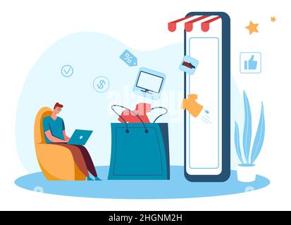 Online-Shopping von zu Hause aus im Stuhl sitzend. Commerce Marketing-Service online, Web-E-Commerce-App, Vektor-Illustration Stock Vektor