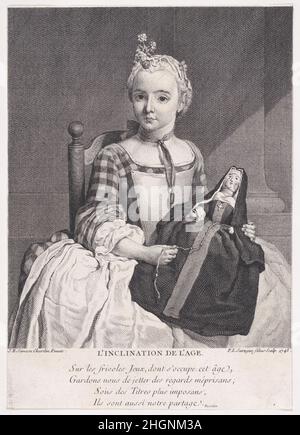 L'Inklination de l'age 1743 Pierre Louis Surugue. L'inklination de l'age. Nach Jean Siméon Chardin (Französisch, Paris 1699–1779 Paris). 1743. Gravur; zweiter Zustand von zwei. Ausdrucke Stockfoto