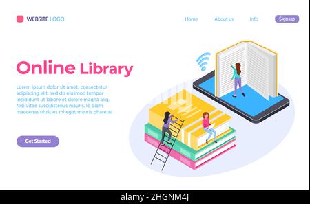 Online-Bibliothek isometrische 3D Stil Web-Landing-Page. Vektor-Bibliothek Web online, Internet digitales Wissen, Buch für Studie Illustration Stock Vektor