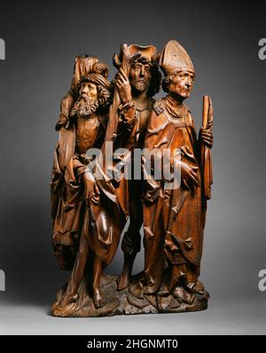Die Heiligen Christopher, Eustace und Erasmus (die drei Heiligen der Heiligen) ca. 1500–1505 Tilman Riemenschneider Deutsch die Figuren in diesem Relief stellen drei der vierzehn Hilfsheiligen dar, die seit Anfang 1300s als Gruppe verehrt werden. Besonders populär wurden sie im Süden Deutschlands nach 1446, als man glaubte, sie erschienen in einer Vision einem Hirten in Oberfranken. Vertreten sind hier der heilige Christophorus, der das Christkind trägt, der heilige Eustace, ein General in Trajans Armee, der zum Christentum konvertierte, und der heilige Erasmus, ein syrischer Bischof in Bischofsregalia. Die Figuren sind aus einem geschnitzten Stockfoto