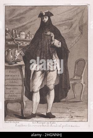 Ein Mann, der eine Maske trägt und eine Tasse Kaffee trinkt (Le Masque au Caffé), Titelseite zu 'Divers Portraits' 1775 Giovanni David Italienisch die meisten Radierungen von Giovanni David, die von seinem genuesischen Mäzen in Venedig veröffentlicht wurden, sind von der Raffinesse und Theatralität durchdrungen, die die Kultur der Stadt im 18. Jahrhundert kennzeichneten. Dieser Druck ist das Frontispiz zu einer Serie von zwölf Drucken, den 'Divers Portraits'. Alle gezeigten Typen sind charakteristisch für Venedig und seine Umgebung. Eingeschrieben mit französischen Gedichten über die Bräuche und Sitten der Gesellschaft, die aus den Werken des französischen Satirikers Nicolas stammen Stockfoto