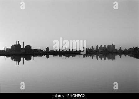 Royal Albert Dock am frühen Abend, in den Londoner Docklands, Südostengland, mit Blick nach Westen in Richtung London City Airport und Canary Wharf Stockfoto