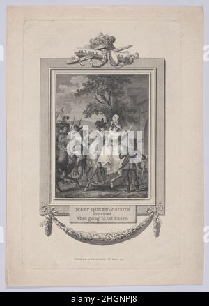 Mary, Queen of Scots vom Earl of Bothwell verhaftet September 28, 1792 John Walker British Dies ist eine Buchdarstellung, die die Entführung der Königin durch den Earl of Bothwell im Jahr 1567 vor Stirling Castle zeigt. Bothwell nahm ihre Bewegungen vorweg und brachte sie mit einer Truppe von 800 Reitern auf den Weg und zwang sie, ihn nach Dunbar zu begleiten, wo sie anschließend heirateten. Eine spätere Version dieses Drucks (mit einem anderen Rahmen) wurde in der Kaiserlichen Geschichte Englands verwendet (Theophilus Camden, 1811). Maria, Königin der Schotten, vom Grafen von Bothwell verhaftet. John Walker (britisch, aktiv 1776–1802). Septembe Stockfoto
