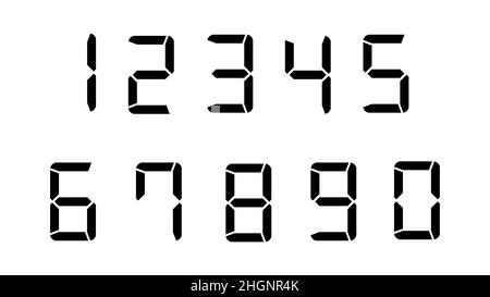 Satz digitaler Nummern. Schwarze Uhr- oder Taschenrechner-Digitalnummern auf weißem Hintergrund isoliert. Vektorgrafik Stock Vektor