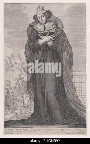 Maria, Königin der Schotten mit der Szene ihrer Hinrichtung (aus 'La Gallerie des Femmes Fortes', Seite 350) 1647 Gilles Rousselet Französisch Porträt in voller Länge mit einer Szene ihrer Hinrichtung im Hintergrund links und einer Kirchenfassade im Hintergrund rechts. Aus einer Serie von zwanzig Bildern, die von Vignon entworfen wurden, um die 'Galerie des Femmes fortes' zu illustrieren, ein Gedicht des Jesuitenvaters Pierre le Moyne, das 1647 veröffentlicht wurde. Das Gedicht, das alte, moderne und alttestamentliche Heldinnen feiert, wurde Anne von Österreich, Regentin von Frankreich, gewidmet. Maria, Königin der Schotten mit der Szene ihrer Hinrichtung (aus ' Stockfoto