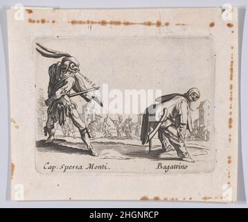 Kopie von Capitano Spessa Monti und Bagattino, aus Balli di Sfessania (Tanz der Sfessania) nach 1622 Jacques Callot Französisch Dies ist eine Kopie eines Drucks aus einer Serie von 24 in Florenz entworfenen und in Nancy veröffentlichten Platten. Die dargestellten Figuren sind italienische Darsteller, die die 'Sfessania' tanzen. Kopie von Capitano Spessa Monti und Bagattino, aus Balli di Sfessania (Tanz der Sfessania). Balli di Sfessania. Jacques Callot (französisch, Nancy 1592–1635 Nancy). Nach 1622. Ätzen. Ausdrucke Stockfoto