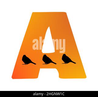 Buchstabe A des Alphabets mit der Farbe Orange und drei Silhouette von Vögeln, isoliert auf weißem Hintergrund; Vektor Stock Vektor