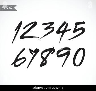 Zahlen 0-9 mit einem Pinsel auf weißem Hintergrund geschrieben. Leicht editierbare Vektorgrafik mit Ebenen. Stock Vektor