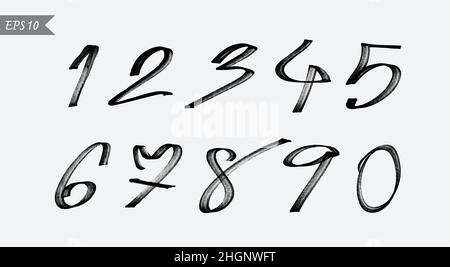Zahlen 0-9 mit einem Pinsel auf weißem Hintergrund geschrieben. Leicht editierbare Vektorgrafik mit Ebenen. Stock Vektor