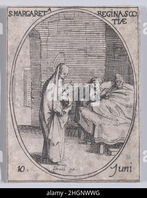 Ste. Marguerite, reine de Écosse (St. Margaret, Queen of Scotland), Juni 10th, aus 'Les Images De Tous Les Saincts et Saintes de L'Année' (Bilder aller Heiligen und religiösen Ereignisse des Jahres) 1636 Jacques Callot Französisch dieser Druck ist Teil einer Serie, die aus einem Titelblatt, einem Frontispiz und 122 Tafeln besteht. Jede dieser 122 Tafeln enthält vier ovale Szenen, die Heilige und religiöse Ereignisse für jeden Tag des Jahres darstellen. Diese Radierung war ursprünglich eine von vier ovalen Szenen auf einer Platte in der Serie. Ste. Marguerite, reine de Écosse (St. Margaret, Queen of Scotland), Juni 10th, aus 'Les Stockfoto
