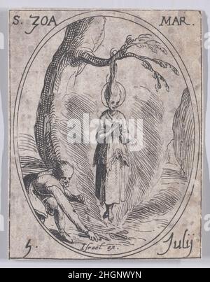 Ste. Zoé, Martire (St. Zoe, Martyr), Juli 5th, aus Les Images De Tous Les Saincts et Saintes de L'Année (Bilder aller Heiligen und religiösen Ereignisse des Jahres) 1636 Jacques Callot Französisch dieser Druck ist Teil einer Serie, die aus einem Titelblatt, einem Frontispiz und 122 Tafeln besteht. Jede dieser 122 Tafeln enthält vier ovale Szenen, die Heilige und religiöse Ereignisse für jeden Tag des Jahres darstellen. Diese Radierung war ursprünglich eine von vier ovalen Szenen auf einer Platte in der Serie. Ste. Zoé, Martire (St. Zoe, Martyr), Juli 5th, aus Les Images De Tous Les Saincts et Saintes de L'Année (Images of All of Stockfoto