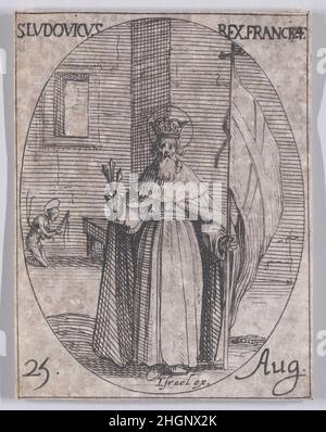 S. Louis, ROI de France (St. Louis, König von Frankreich), August 25th, aus Les Images De Tous Les Saincts et Saintes de L'Année (Bilder aller Heiligen und religiösen Ereignisse des Jahres) 1636 Jacques Callot Französisch dieser Druck ist Teil einer Serie, die aus einem Titelblatt, einem Frontispiz und 122 Tafeln besteht. Jede dieser 122 Tafeln enthält vier ovale Szenen, die Heilige und religiöse Ereignisse für jeden Tag des Jahres darstellen. Diese Radierung war ursprünglich eine von vier ovalen Szenen auf einer Platte in der Serie. S. Louis, ROI de France (St. Louis, König von Frankreich), August 25th, aus Les Images De Tous Les Saincts et Stockfoto