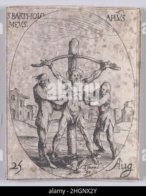 S. Barthélemy, apôtre (St. Bartholomew, Apostel), August 25th, aus Les Images De Tous Les Saincts et Saintes de L'Année (Bilder aller Heiligen und religiösen Ereignisse des Jahres) 1636 Jacques Callot Französisch dieser Druck ist Teil einer Serie, die aus einem Titelblatt, einem Frontispiz und 122 Tafeln besteht. Jede dieser 122 Tafeln enthält vier ovale Szenen, die Heilige und religiöse Ereignisse für jeden Tag des Jahres darstellen. Diese Radierung war ursprünglich eine von vier ovalen Szenen auf einer Platte in der Serie. S. Barthélemy, apôtre (St. Bartholomäus, Apostel), August 25th, aus Les Images De Tous Les Saincts et Saint Stockfoto