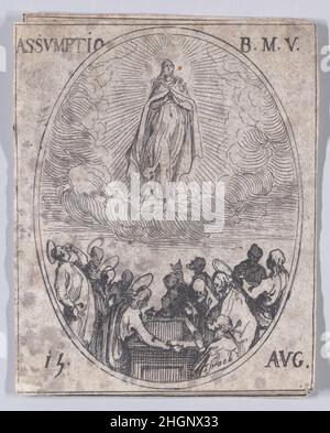 L'Assomption de la Sainte Vierge (die Himmelfahrt der Jungfrau), August 15th, aus Les Images De Tous Les Saincts et Saintes de L'Année (Bilder aller Heiligen und religiösen Ereignisse des Jahres) 1636 Jacques Callot Französisch dieser Druck ist Teil einer Serie, die aus einer Titelseite, einem Frontispiz und 122 Tafeln besteht. Jede dieser 122 Tafeln enthält vier ovale Szenen, die Heilige und religiöse Ereignisse für jeden Tag des Jahres darstellen. Diese Radierung war ursprünglich eine von vier ovalen Szenen auf einer Platte in der Serie. L'Assomption de la Sainte Vierge (die Himmelfahrt der Jungfrau), August 15th, aus Les Image Stockfoto