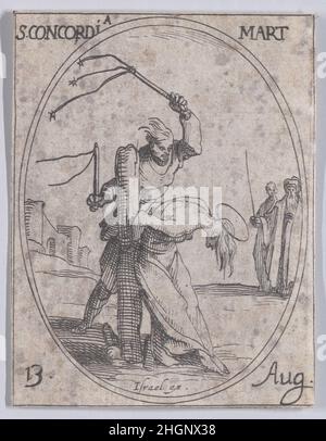 Ste. Concorde, Martire (St. Concordia, Martyr), August 13th, aus Les Images De Tous Les Saincts et Saintes de L'Année (Bilder aller Heiligen und religiösen Ereignisse des Jahres) 1636 Jacques Callot Französisch dieser Druck ist Teil einer Serie, die aus einem Titelblatt, einem Frontispiz und 122 Tafeln besteht. Jede dieser 122 Tafeln enthält vier ovale Szenen, die Heilige und religiöse Ereignisse für jeden Tag des Jahres darstellen. Diese Radierung war ursprünglich eine von vier ovalen Szenen auf einer Platte in der Serie. Ste. Concorde, Martire (St. Concordia, Martyr), August 13th, aus Les Images De Tous Les Saincts et Saintes d Stockfoto