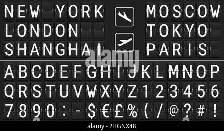 Realistische mechanische Anzeigetafel am Flughafen mit speziellen Symbolen. Abflüge und Ankünfte Flugschilder. 3D realistische Vektordarstellung. Stock Vektor