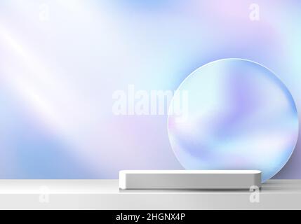 3D-stufiger, weißer Podestsockel mit kreisfarbigem holographischem Hintergrund und minimaler Lichtkulisse. Sie können für die Produktanzeige verwenden. Vektor illustrr Stock Vektor