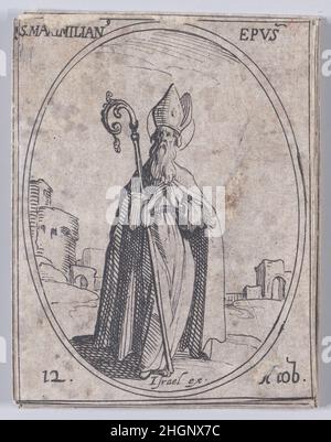 S. Maximilien, Évêque (St. Maximilian, Bischof), Oktober 12th, aus Les Images De Tous Les Saincts et Saintes de L'Année (Bilder aller Heiligen und religiösen Ereignisse des Jahres) 1636 Jacques Callot Französisch dieser Druck ist Teil einer Serie, die aus einem Titelblatt, einem Frontispiz und 122 Tafeln besteht. Jede dieser 122 Tafeln enthält vier ovale Szenen, die Heilige und religiöse Ereignisse für jeden Tag des Jahres darstellen. Diese Radierung war ursprünglich eine von vier ovalen Szenen auf einer Platte in der Serie. S. Maximilien, Évêque (St. Maximilian, Bischof), Oktober 12th, aus Les Images De Tous Les Saincts et Saintes Stockfoto
