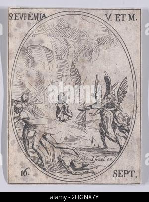 S. Ph., vierge et martrire (St. Egemia, Virgin and Martyr), September 16th, aus Les Images De Tous Les Saincts et Saintes de L'Année (Bilder aller Heiligen und religiösen Ereignisse des Jahres) 1636 Jacques Callot Französisch dieser Druck ist Teil einer Serie, die aus einem Titelblatt, einem Frontispiz und 122 Tafeln besteht. Jede dieser 122 Tafeln enthält vier ovale Szenen, die Heilige und religiöse Ereignisse für jeden Tag des Jahres darstellen. Diese Radierung war ursprünglich eine von vier ovalen Szenen auf einer Platte in der Serie. S. Ph., vierge et martrire (St. Die heilige Jungfrau und Märtyrerin), September 16th, aus L Stockfoto