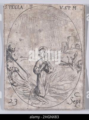 Ste. Thècle, vierge et martyre (St. Thecla, Virgin and Martyr), September 23rd, aus Les Images De Tous Les Saincts et Saintes de L'Année (Bilder aller Heiligen und religiösen Ereignisse des Jahres) 1636 Jacques Callot Französisch dieser Druck ist Teil einer Serie, die aus einem Titelblatt, einem Frontispiz und 122 Tafeln besteht. Jede dieser 122 Tafeln enthält vier ovale Szenen, die Heilige und religiöse Ereignisse für jeden Tag des Jahres darstellen. Diese Radierung war ursprünglich eine von vier ovalen Szenen auf einer Platte in der Serie. Ste. Thècle, vierge et martyre (St. Thecla, Jungfrau und Märtyrer), September 23rd, aus Les I Stockfoto