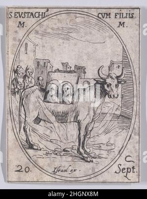 S. Eustache et Ses Enfants (St. Eustace und seine Kinder), September 20th, aus Les Images De Tous Les Saincts et Saintes de L'Année (Bilder aller Heiligen und religiösen Ereignisse des Jahres) 1636 Jacques Callot Französisch dieser Druck ist Teil einer Serie, die aus einem Titelblatt, einem Frontispiz und 122 Tafeln besteht. Jede dieser 122 Tafeln enthält vier ovale Szenen, die Heilige und religiöse Ereignisse für jeden Tag des Jahres darstellen. Diese Radierung war ursprünglich eine von vier ovalen Szenen auf einer Platte in der Serie. S. Eustache et Ses Enfants (St. Eustace und seine Kinder), September 20th, aus Les Images De T Stockfoto