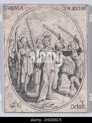 Ste. Ursule et Ses Compagnes (St. Ursula und ihre Gefährten), Oktober 21st, aus Les Images De Tous Les Saincts et Saintes de L'Année (Bilder aller Heiligen und religiösen Ereignisse des Jahres) 1636 Jacques Callot Französisch dieser Druck ist Teil einer Serie, die aus einem Titelblatt, einem Frontispiz und 122 Tafeln besteht. Jede dieser 122 Tafeln enthält vier ovale Szenen, die Heilige und religiöse Ereignisse für jeden Tag des Jahres darstellen. Diese Radierung war ursprünglich eine von vier ovalen Szenen auf einer Platte in der Serie. Ste. Ursule et Ses Compagnes (St. Ursula und ihre Gefährten), Oktober 21st, aus Les Images De Stockfoto