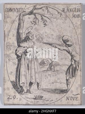 S. Edmund, ROI d'Angleterre, Martyr (St. Edmund, König von England, Märtyrer), November 20th, aus Les Images De Tous Les Saincts et Saintes de L'Année (Bilder aller Heiligen und religiösen Ereignisse des Jahres) 1636 Jacques Callot Französisch dieser Druck ist Teil einer Serie, die aus einer Titelseite, einem Frontispiz und 122 Tafeln besteht. Jede dieser 122 Tafeln enthält vier ovale Szenen, die Heilige und religiöse Ereignisse für jeden Tag des Jahres darstellen. Diese Radierung war ursprünglich eine von vier ovalen Szenen auf einer Platte in der Serie. S. Edmund, ROI d'Angleterre, Martyr (St. Edmund, König von England, Märtyrer), Novem Stockfoto