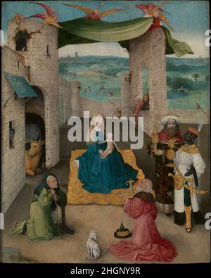 Die Anbetung der Könige Ca. 1475 Hieronymus Bosch Niederlandisch im Gegensatz zu Bosch's bekannten halluzinatorischen Höllendarstellungen ist diese ruhige Szene mit ihrer Tunnelperspektive und eher hölzernen Figurentypen mit sensibel gerenderten Gesichtern charakteristisch für die frühesten Arbeiten des Künstlers. Die inszenierte Kulisse mit einem Vorhang, der von Engeln hochgehalten wird, könnte auf den Einfluss religiöser Theaterstücke in Boschs Heimatstadt Hertogenbosch hinweisen. Ende des 15. Jahrhunderts waren die drei Könige deutlich differenziert, um ihre unterschiedlichen regionalen Ursprünge darzustellen. Der Schwarze König ist prominent featu Stockfoto