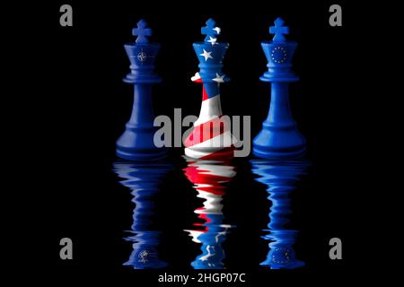 Flaggen der Europäischen Union, der USA und der NATO (North Atlantic Treaty Organization) übermalen den Schachkönig. 3D Abbildung. Stockfoto