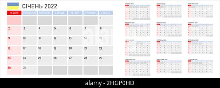 Kalender 2022 in ukrainischer Sprache, die Woche beginnt am Montag. Vector Kalender 2022 Jahr Stock Vektor